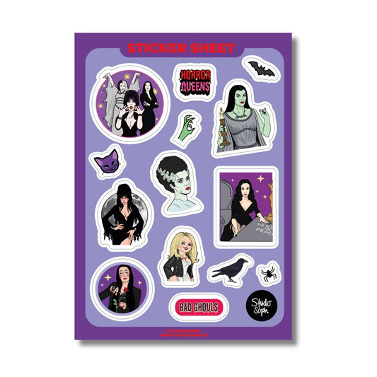 Purple A5 sticker sheet with Horror Queens character stickers and bat icons