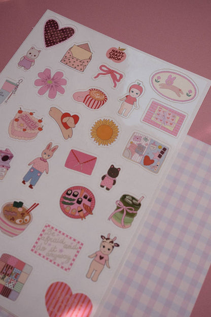 A5 mini sticker sheet with cute characters, hearts, envelopes, and patterned boxes on white