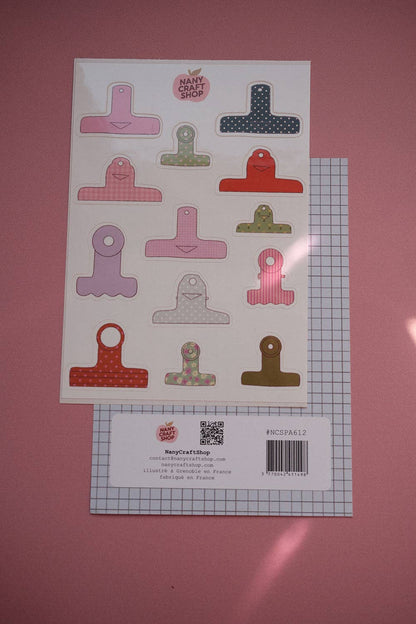 Board clamps sticker sheet with colorful clamp pieces and barcode label