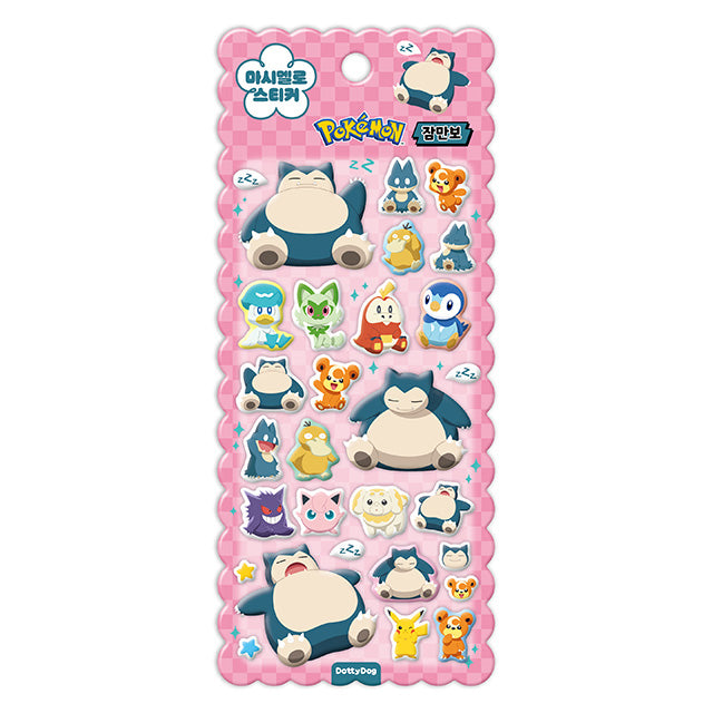 3D sticker sheet featuring Snorlax and small cartoon character stickers on a backing