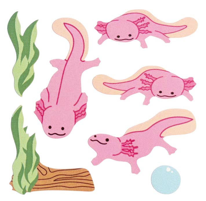 Glossy axolotl and plant stickers with a light blue dot