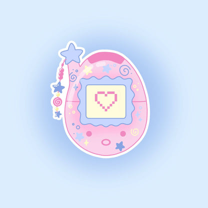 Pink oval Tamagotchi sticker with purple pixel heart and star sparkles