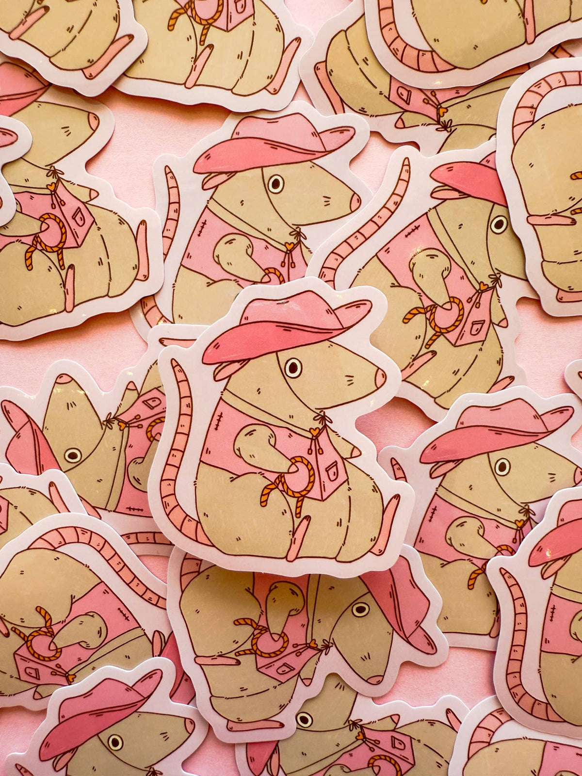 Cowboy rat vinyl sticker sheet, tan rats with pink cowboy hats and bandanas