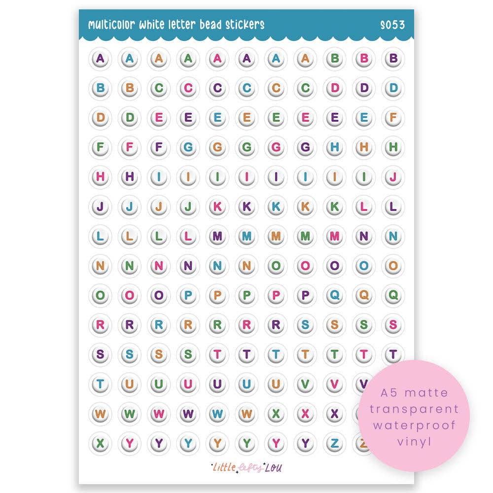 A5 matte waterproof vinyl letter bead sticker sheet with multicolor alphabet beads