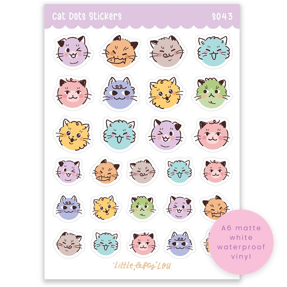 A6 cat face sticker sheet with colorful dot-style cats, waterproof vinyl