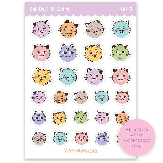 A6 cat face sticker sheet with colorful dot-style cats, waterproof vinyl