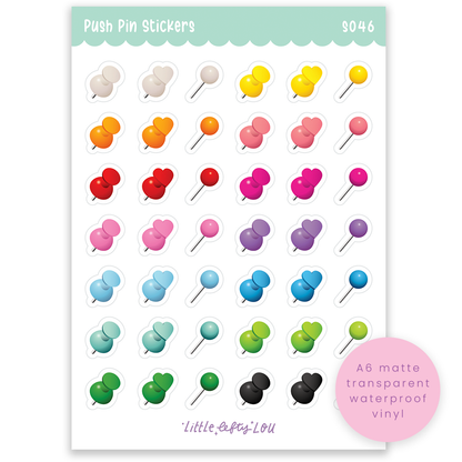 Waterproof push pin sticker sheet with colorful heart, flower, and lollipop pin designs