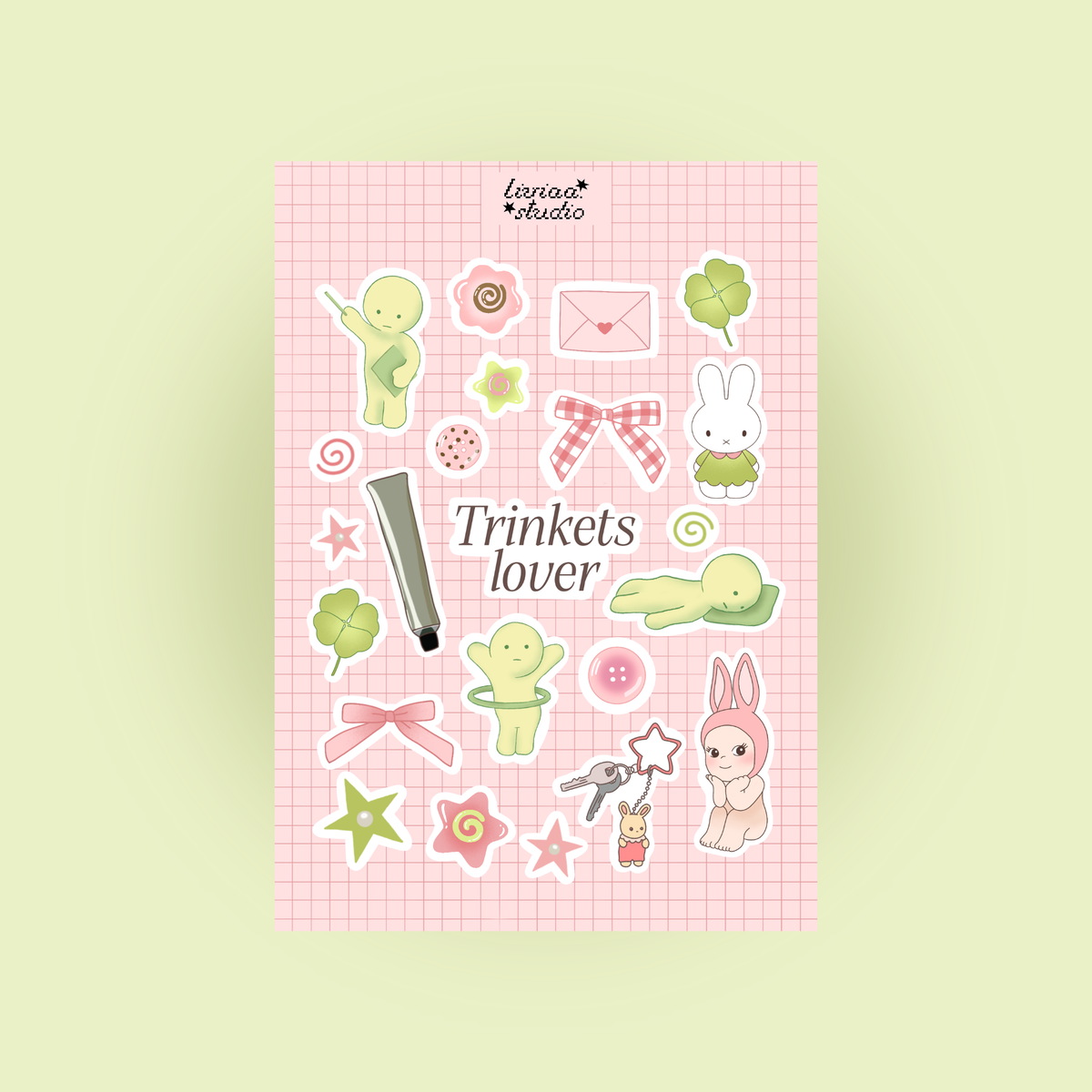 A5 sticker sheet with pastel rabbits, ducks, stars, flowers, envelope and bow