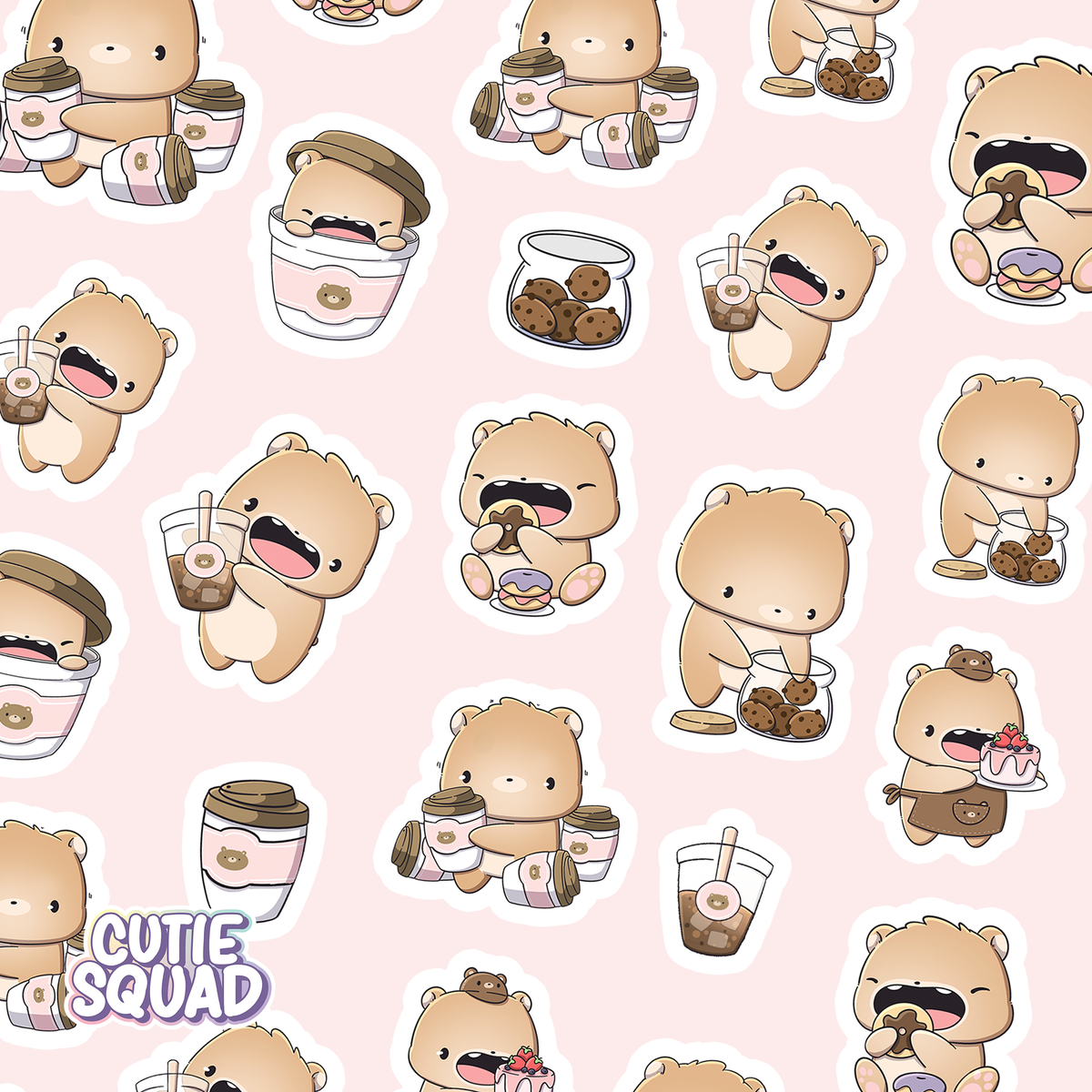 Barista bear sticker set featuring bear characters with coffee cups and cookies