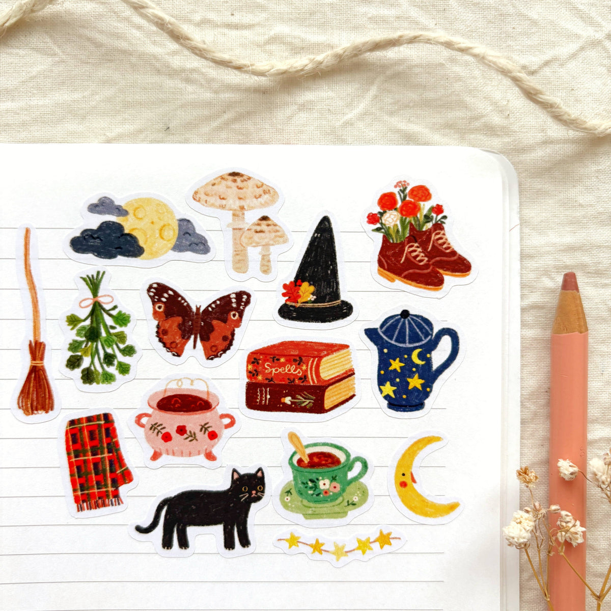 Witchy sticker sheet with witch hat, teapot, black cat, books, mushrooms, moon