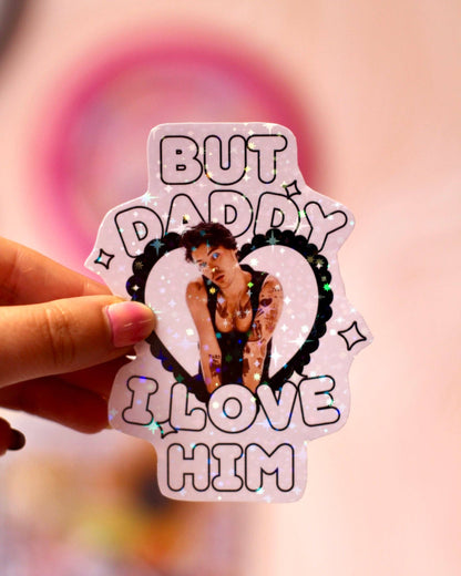 Holographic heart-shaped sticker reading 'BUT DADDY I LOVE HIM' with Harry Styles photo
