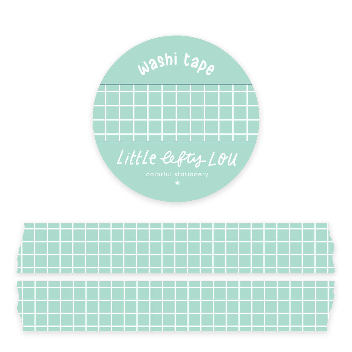 Mint green grid washi tape roll and strip, light mint with white grid lines