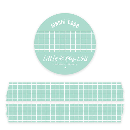 Mint green grid washi tape roll and strip, light mint with white grid lines