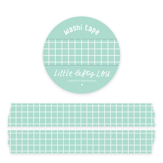Mint green grid washi tape roll and strip, light mint with white grid lines