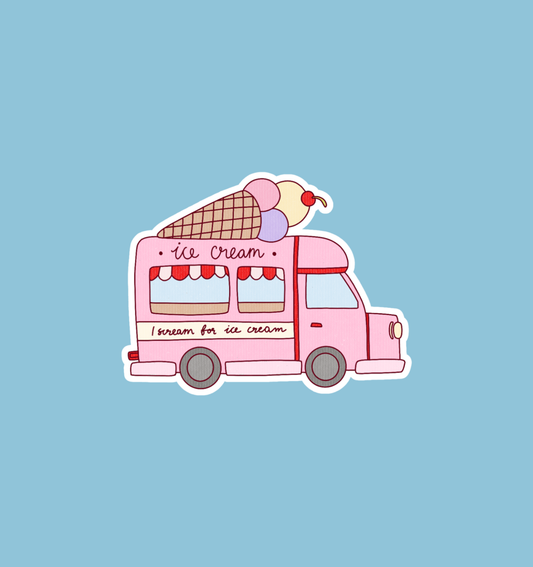 Holographic ice cream truck sticker with pink van and ice-cream sign