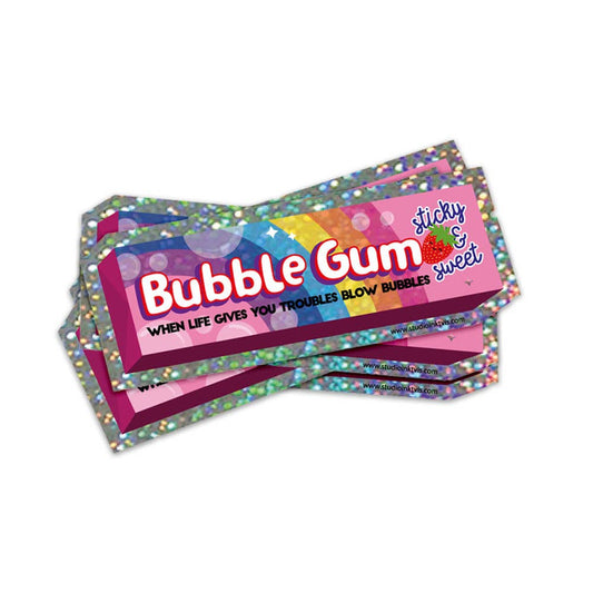 Glitter vinyl Bubble Gum sticker with purple-pink label and colorful confetti border