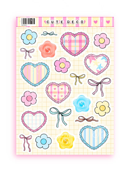 Cute Deco sticker sheet with hearts, flowers, bows, and decorative doodles