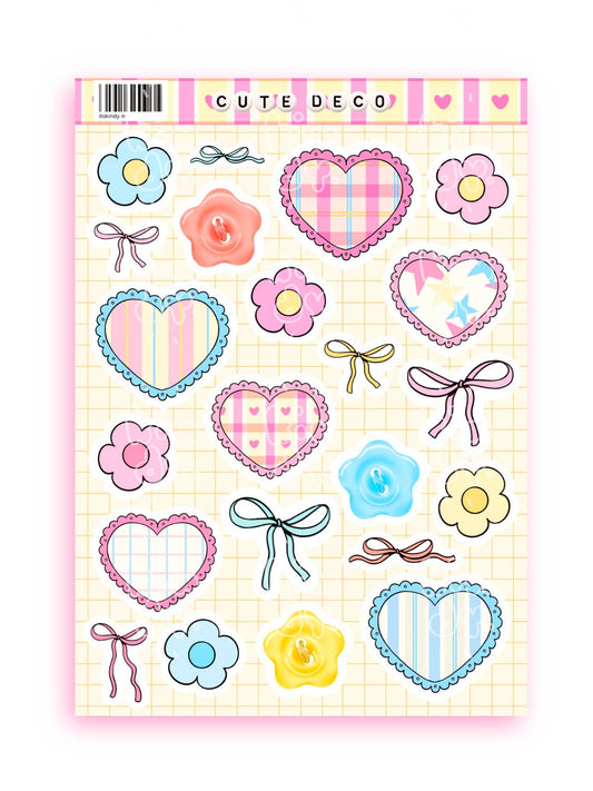 Cute Deco sticker sheet with hearts, flowers, bows, and decorative doodles