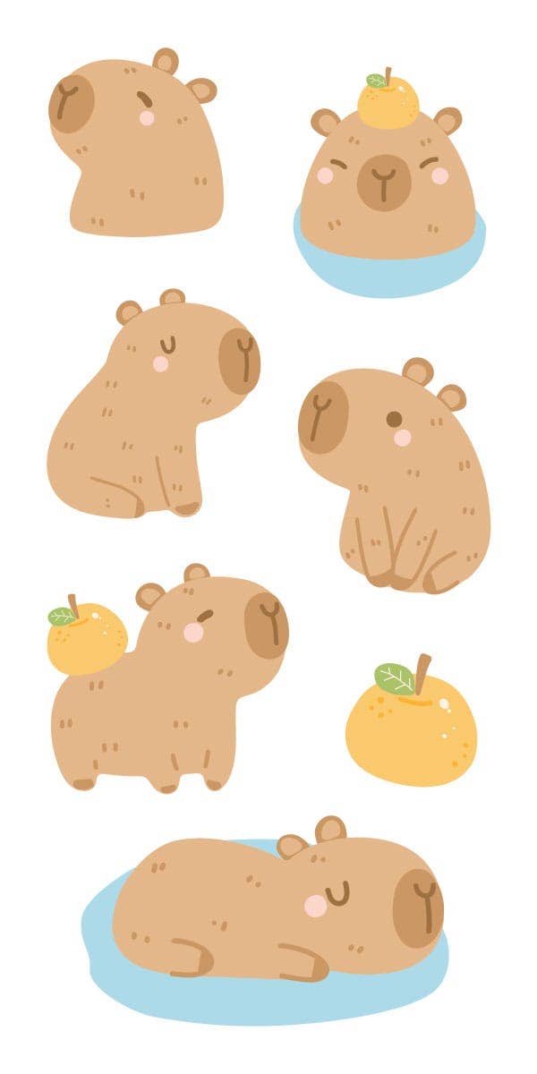 Capybara sticker sheet with cute capybara stickers and tropical fruit icons