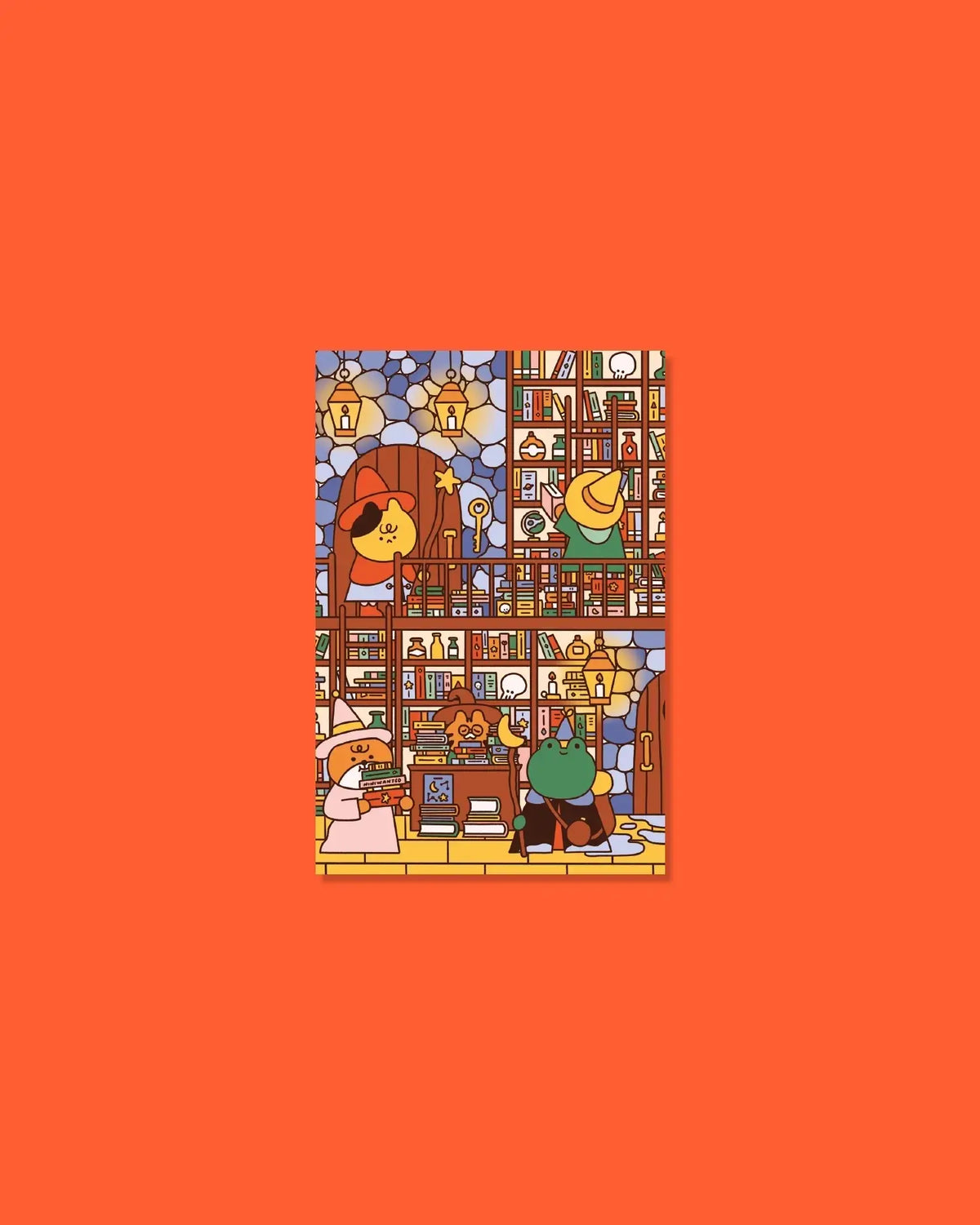 Wizard’s library illustrated A6 print, 10x15 cm, white-bordered bookcase scene