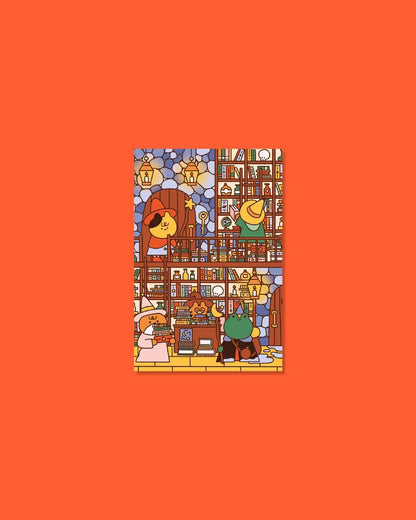 Wizard’s library illustrated A6 print, 10x15 cm, white-bordered bookcase scene