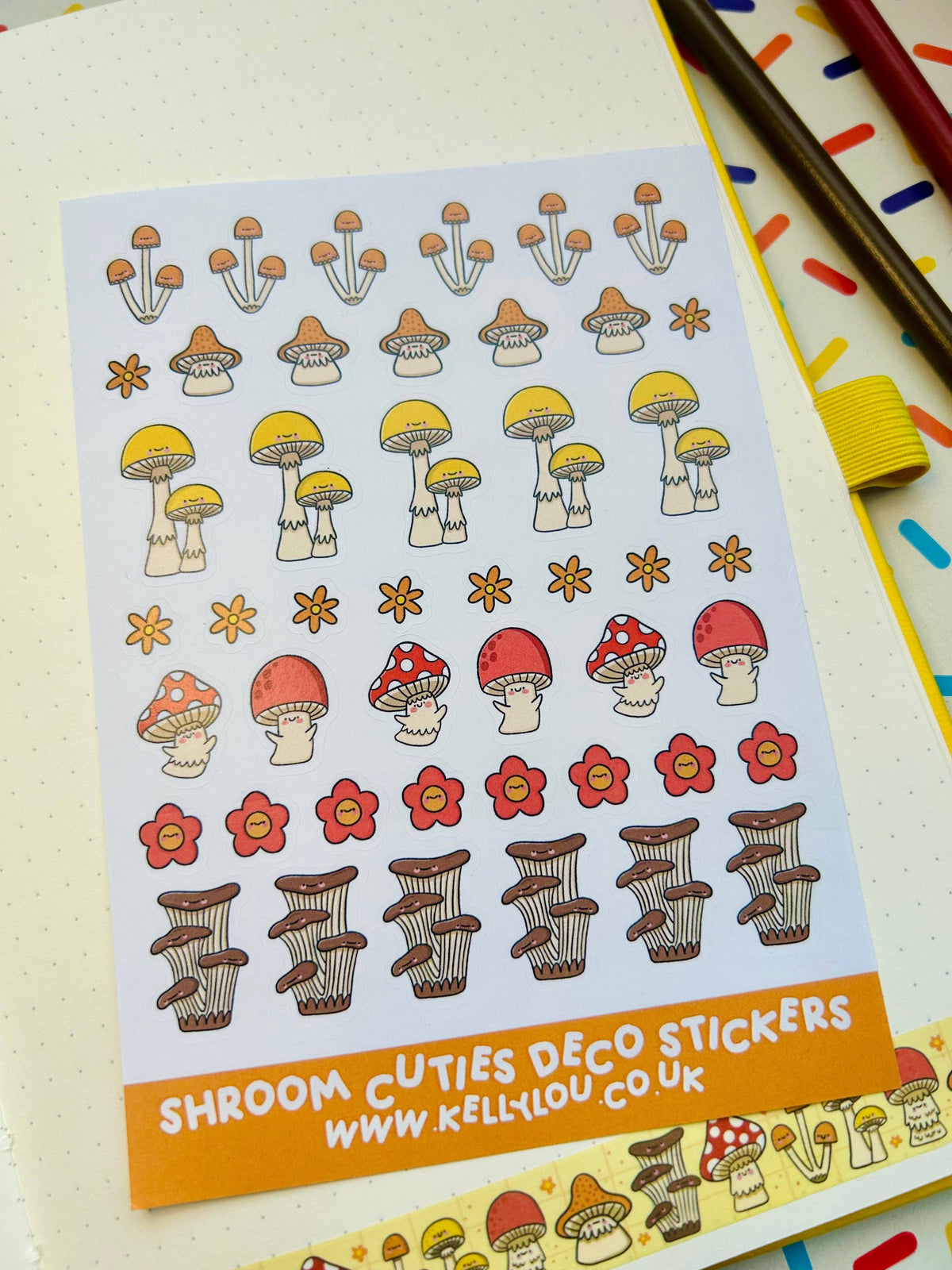 Deco sticker sheet featuring mushroom characters, red flowers, and striped brown toadstools