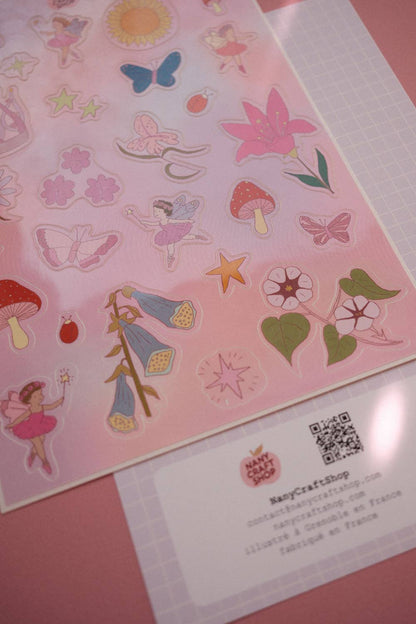 Fairy sticker sheet with floral and butterfly stickers and a printed information label