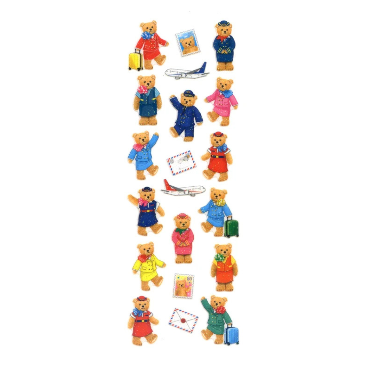 Sparkly cabin crew sticker sheet with cartoon crew bears, planes, and luggage