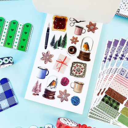 Winter holiday sticker sheet with ornaments, cups, garlands, snowmen, and gift accents