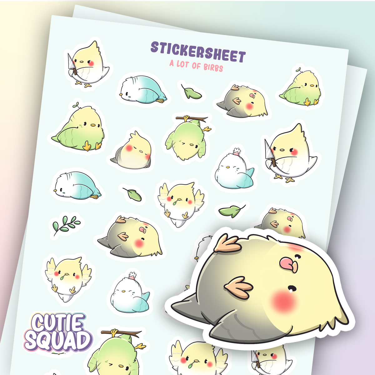 Cute bird sticker sheet with pastel characters and a large chubby bird sticker