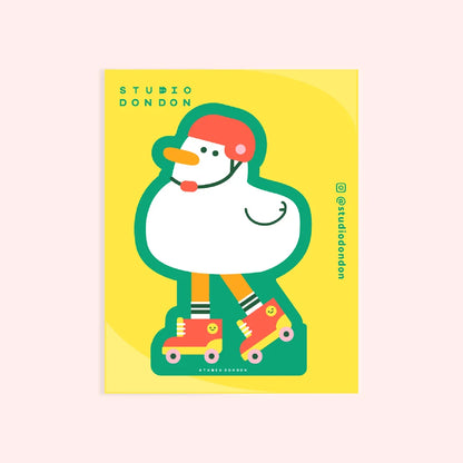 Duck roller skate vinyl sticker with cartoon duck wearing colorful roller skates