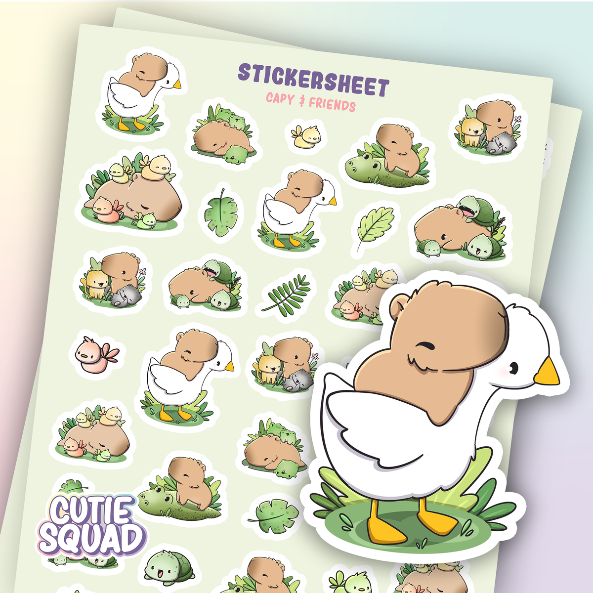 Colorful sticker sheet with capybara friends, ducks, leaves, and cute squad layout