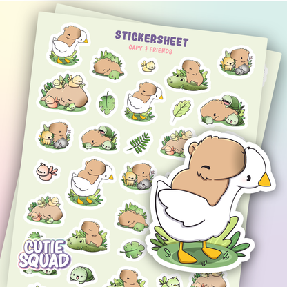 Colorful sticker sheet with capybara friends, ducks, leaves, and cute squad layout