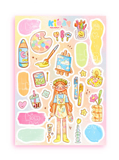 Kids sticker sheet with cartoon artist girl, paint palette, brushes, and hearts