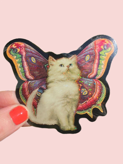 3-inch cat butterfly glitter sticker with kitten and colorful iridescent wings