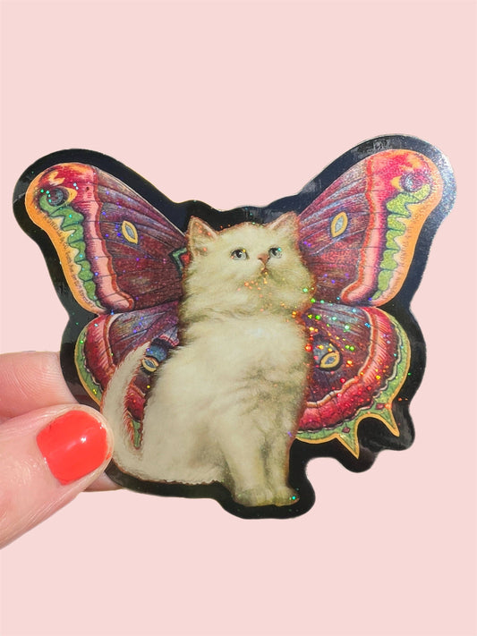 3-inch cat butterfly glitter sticker with kitten and colorful iridescent wings
