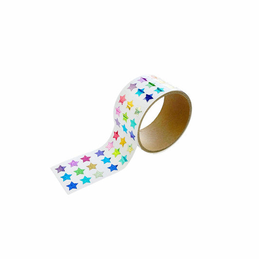 Star sticker roll with colorful multicolored star decals on clear backing
