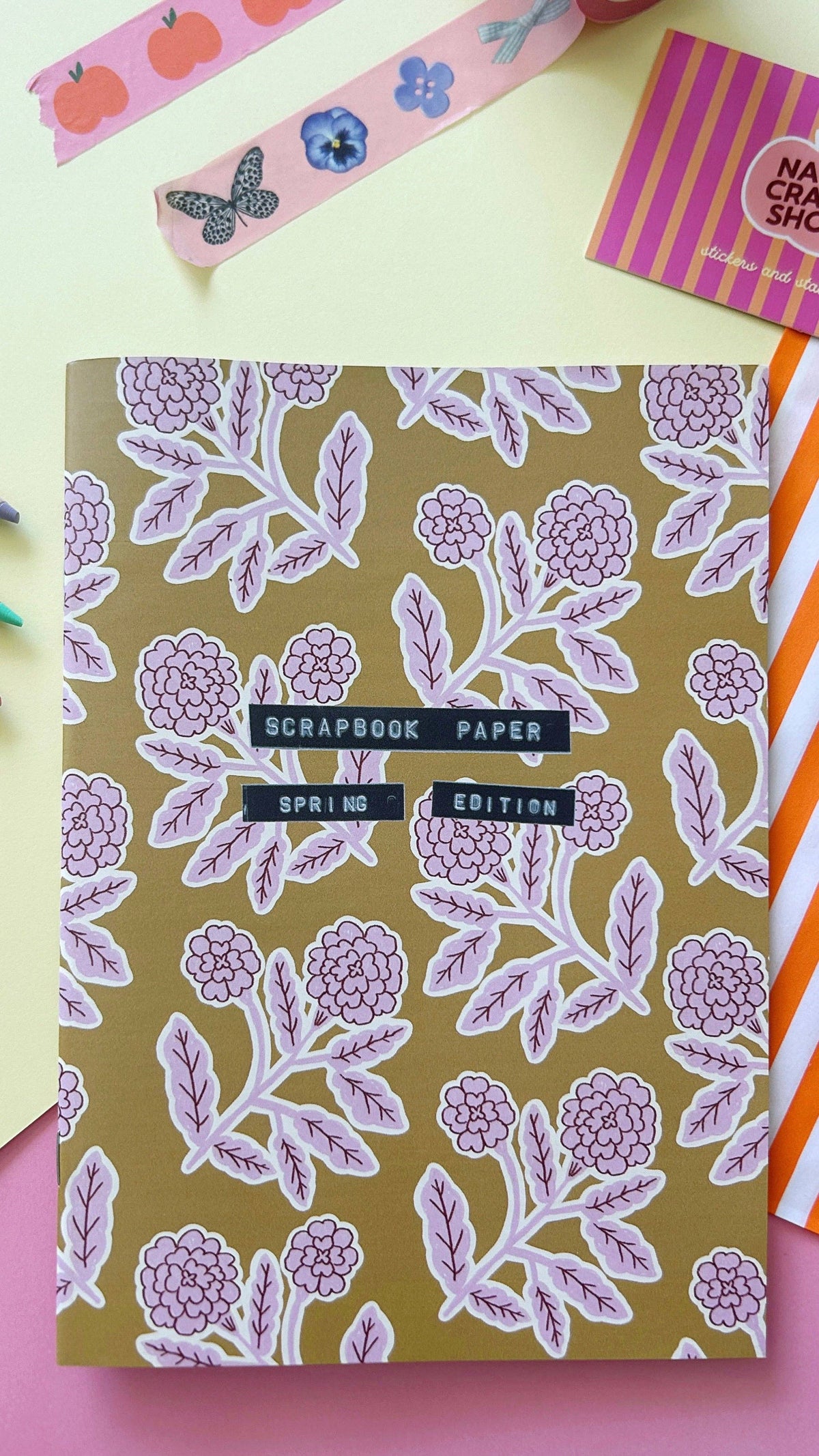 A5 scrapbook paper sheet with lilac floral vines and flowers, Scrapbook Paper title