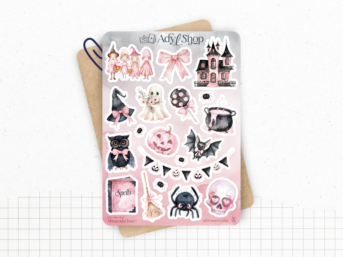 Halloween sticker sheet with cats, pumpkins, witches, bats, and haunted house art