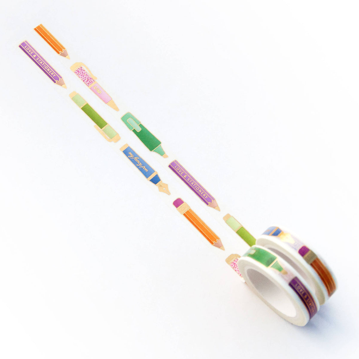 Washi tape roll with several pen-shaped strip designs in green, blue, pink, and orange