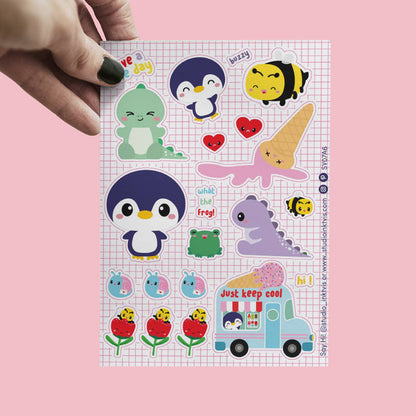 Sticker sheet with penguin, friendly frog, pizza-like hearts, and ice cream truck design