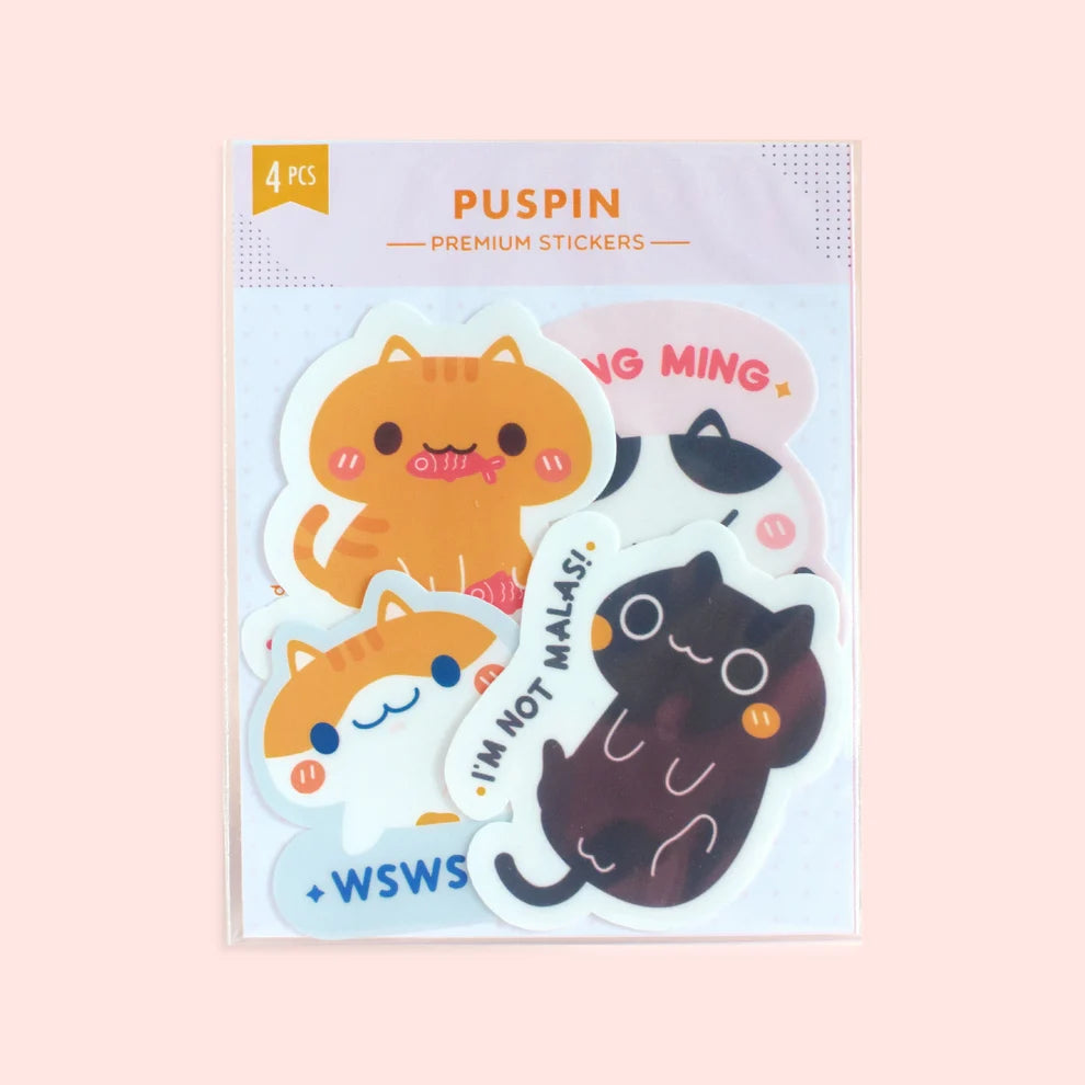 4-piece vinyl sticker pack with cute cat faces: orange, black, and white characters