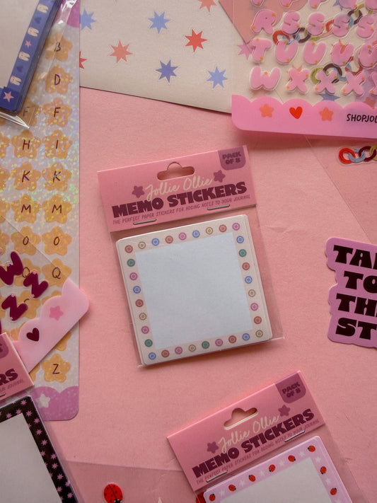 Memo sticker pack with square note stickers and colorful border accents