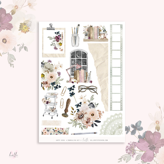 Journaling sticker kit sheet with watercolor florals, frames, planner lines, pens