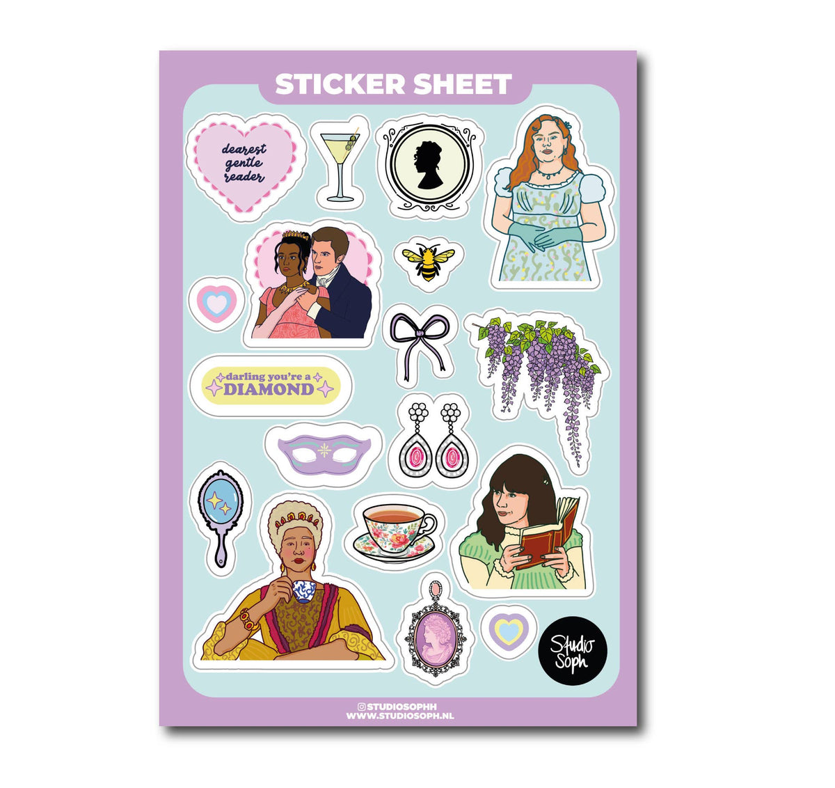 A5 sticker sheet with illustrated characters, book, martini, heart, and silhouette designs