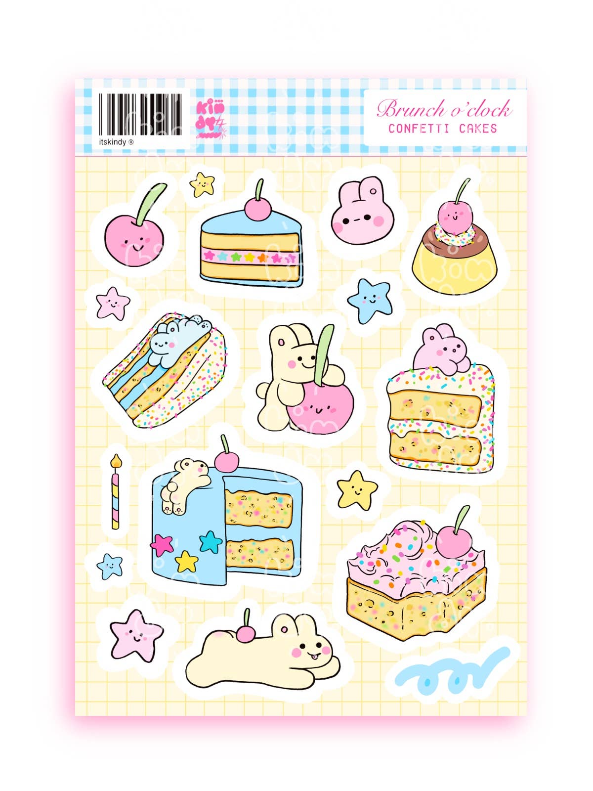 Pastel cake sticker sheet with bunny faces, cupcakes, candles, and star icons