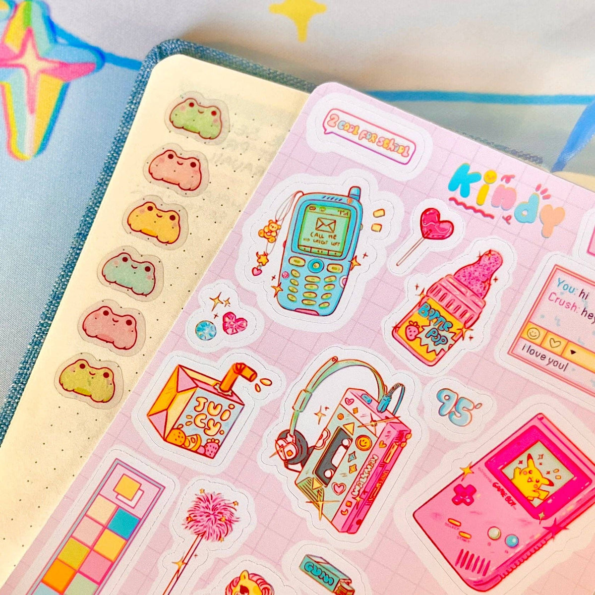 90s Kid sticker sheet with retro devices, hearts, and card-shaped stickers