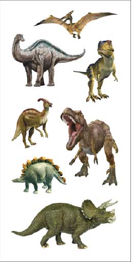 Dinosaur sticker set sheet featuring assorted brown, green, and gray dinosaur figures