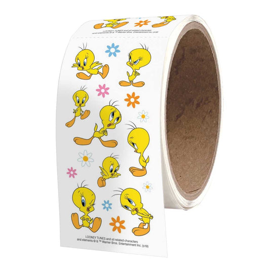 2-inch Tweety character sticker roll with yellow bird cartoons on white backing