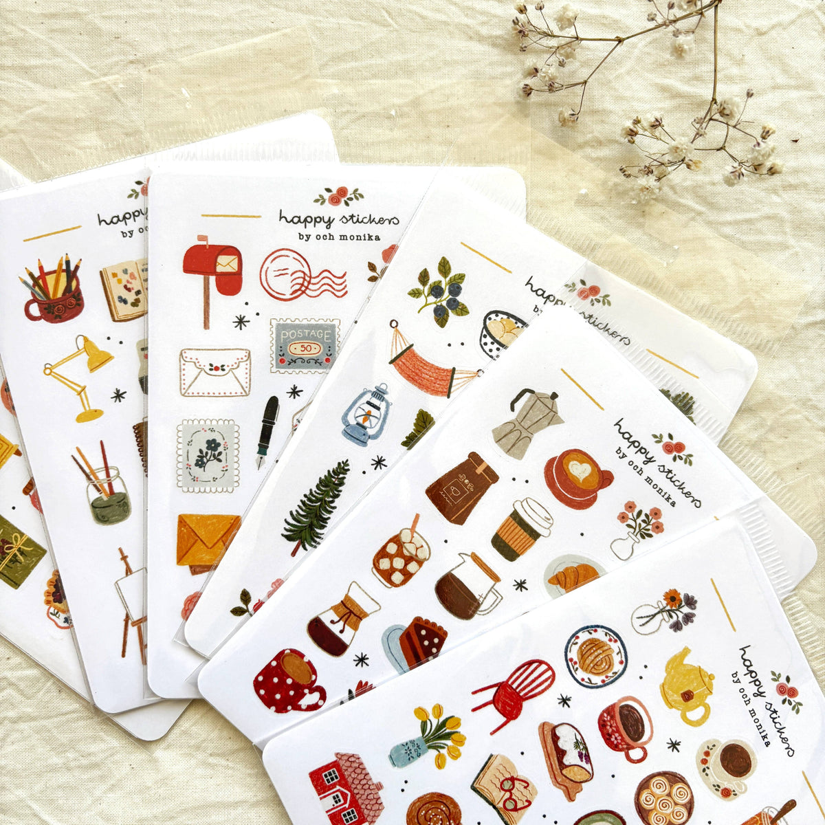 Bookish sticker sheet with kitchen tools, food, and floral accent stickers